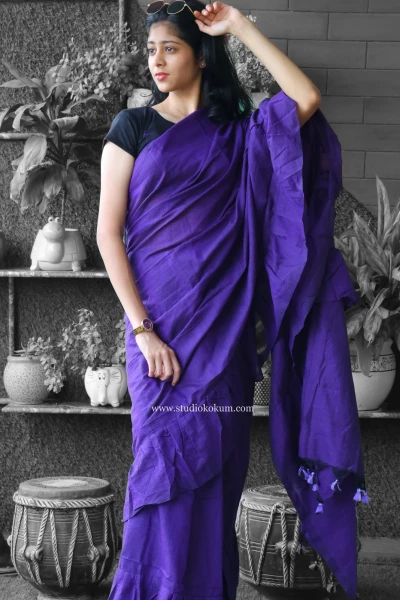 Cool Kokila - Pure Cotton Ruffle Saree in Purple Colour