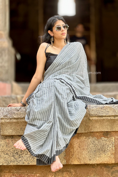 Image of Devaki: Grey Soft Cotton Stripes Saree With Tassels
