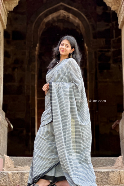 Devaki: Grey Soft Cotton Stripes Saree With Tassels