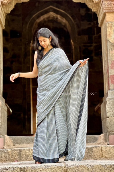 Devaki: Grey Soft Cotton Stripes Saree With Tassels