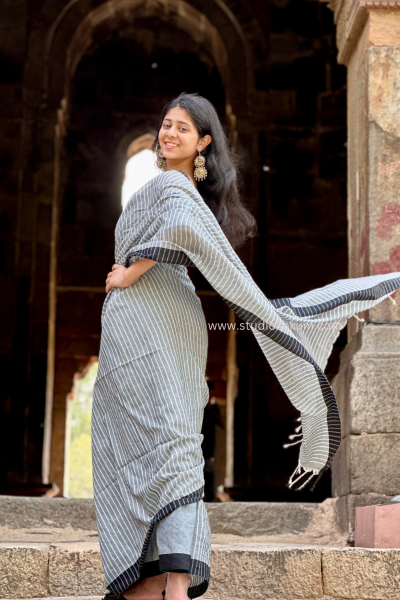 Devaki: Grey Soft Cotton Stripes Saree With Tassels