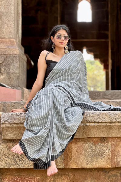 Devaki: Grey Soft Cotton Stripes Saree With Tassels