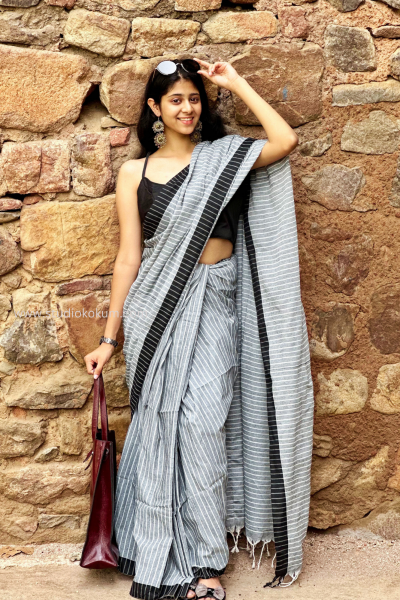 Devaki: Grey Soft Cotton Stripes Saree With Tassels