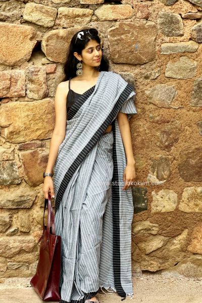 Devaki: Grey Soft Cotton Stripes Saree With Tassels