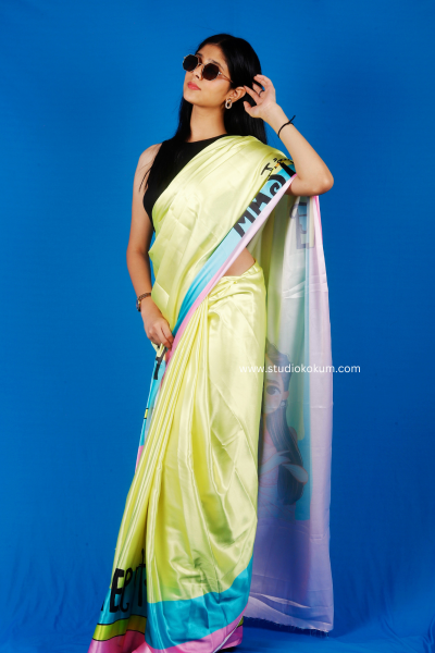 Disco Dreams : Neon Yellow Satin Saree with Unique Print