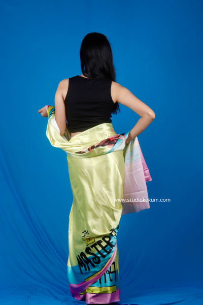 Disco Dreams : Neon Yellow Satin Saree with Unique Print