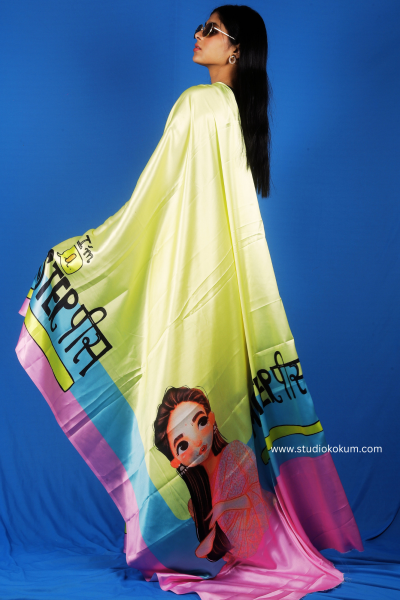 Disco Dreams : Neon Yellow Satin Saree with Unique Print