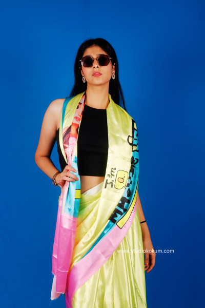 Disco Dreams : Neon Yellow Satin Saree with Unique Print