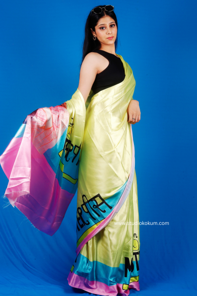 Disco Dreams : Neon Yellow Satin Saree with Unique Print