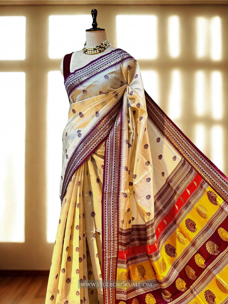 Image of Aadhya:  Beige Colour Assam Silk Saree