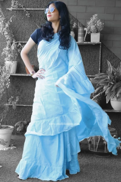 Image of Flary Flamingo - Pure Cotton Ruffle Saree in Sky Blue Colour