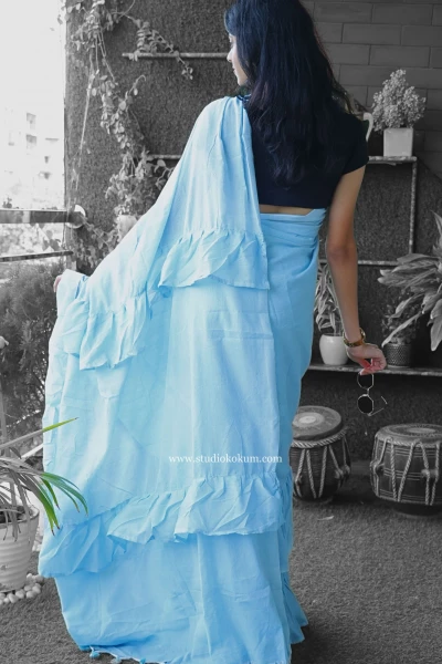Flary Flamingo - Pure Cotton Ruffle Saree in Sky Blue Colour