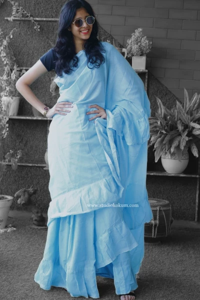 Flary Flamingo - Pure Cotton Ruffle Saree in Sky Blue Colour