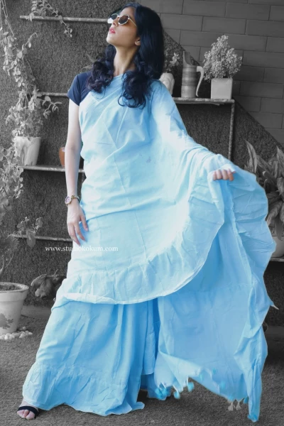 Flary Flamingo - Pure Cotton Ruffle Saree in Sky Blue Colour