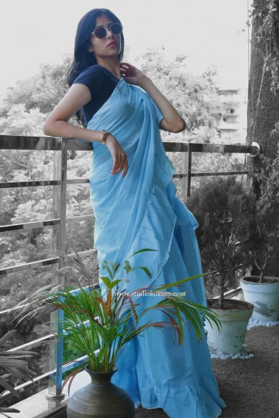 Flary Flamingo - Pure Cotton Ruffle Saree in Sky Blue Colour