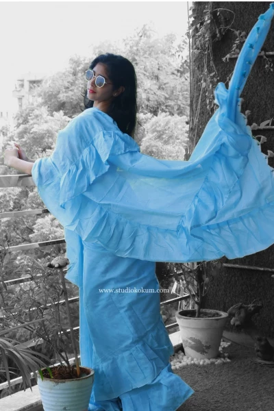 Flary Flamingo - Pure Cotton Ruffle Saree in Sky Blue Colour