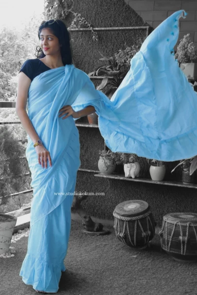 Flary Flamingo - Pure Cotton Ruffle Saree in Sky Blue Colour