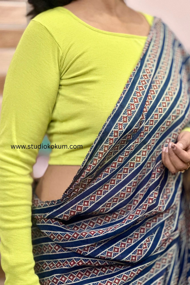 Image of Full Sleeves Stretchable Back Strings Blouse in Light Neon Green Colour