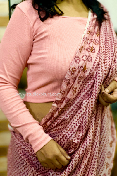 Image of Full Sleeves Stretchable Back Strings Blouse in Peach Pink Colour