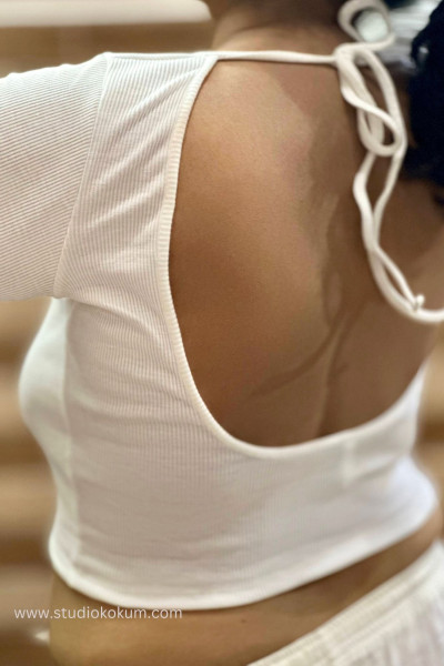 Full Sleeves Stretchable Back Strings Blouse in White Colour