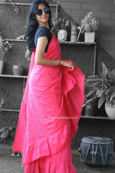 Giggly Gaurayya - Pure Cotton Ruffle Saree in Pink Colour