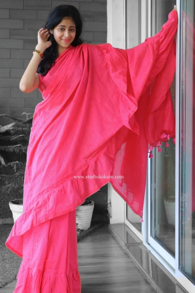 Giggly Gaurayya - Pure Cotton Ruffle Saree in Pink Colour
