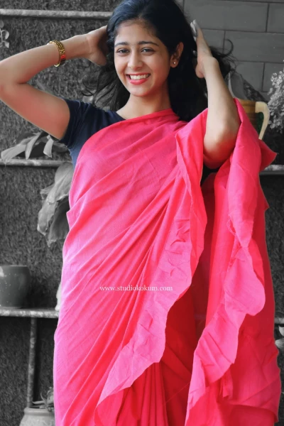 Giggly Gaurayya - Pure Cotton Ruffle Saree in Pink Colour
