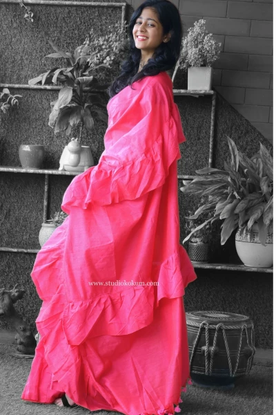 Giggly Gaurayya - Pure Cotton Ruffle Saree in Pink Colour