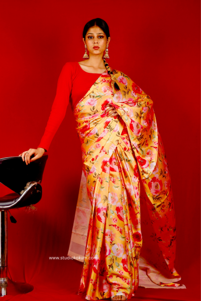 Image of Gold N Petals: Golden Red Satin Silk Floral Print Saree