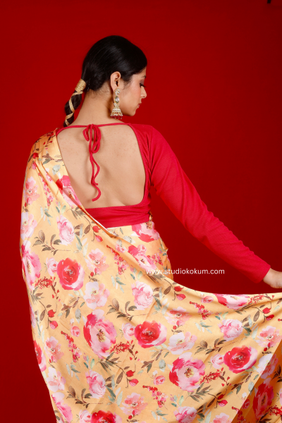 Gold N Petals: Golden Red Satin Silk Floral Print Saree