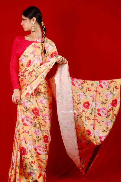 Gold N Petals: Golden Red Satin Silk Floral Print Saree