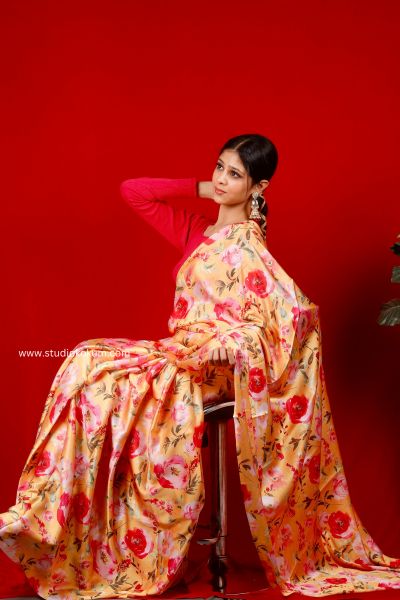 Gold N Petals: Golden Red Satin Silk Floral Print Saree