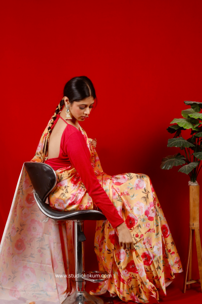 Gold N Petals: Golden Red Satin Silk Floral Print Saree