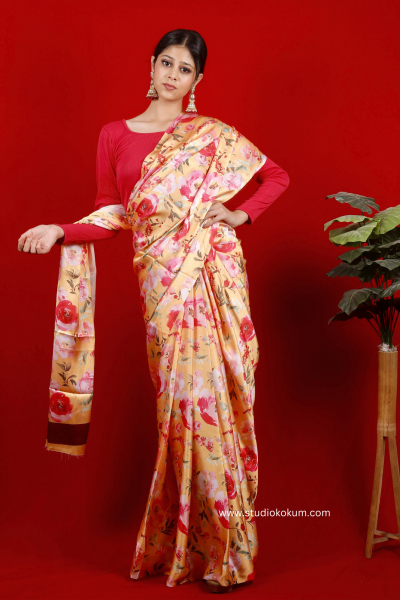 Gold N Petals: Golden Red Satin Silk Floral Print Saree