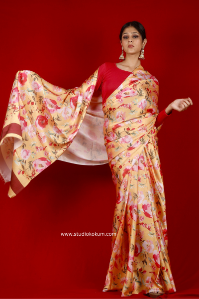 Gold N Petals: Golden Red Satin Silk Floral Print Saree