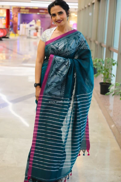 Guldasta - Dark Teal Handcrafted Cotton Banarasi Saree with Blouse