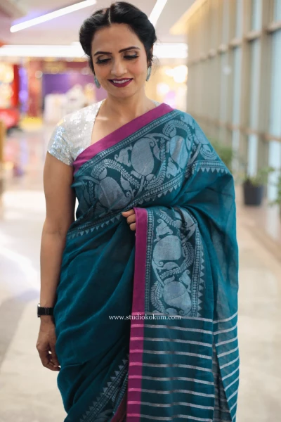 Guldasta - Dark Teal Handcrafted Cotton Banarasi Saree with Blouse