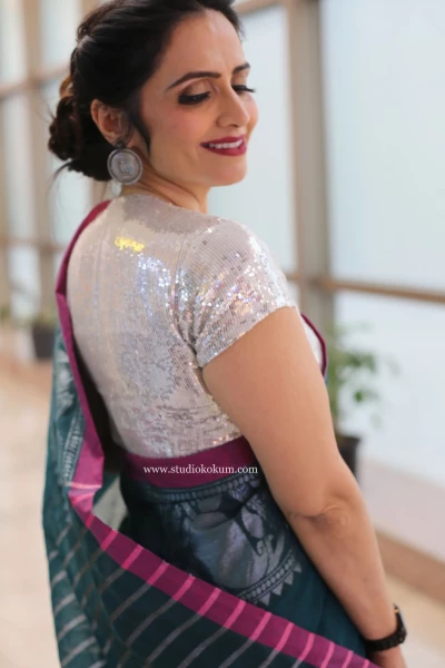 Guldasta - Dark Teal Handcrafted Cotton Banarasi Saree with Blouse