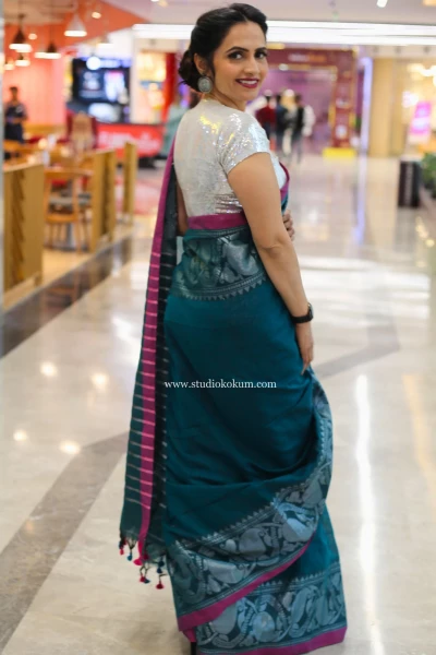 Guldasta - Dark Teal Handcrafted Cotton Banarasi Saree with Blouse
