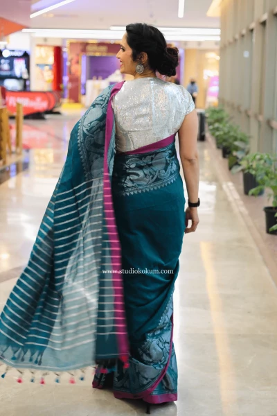 Guldasta - Dark Teal Handcrafted Cotton Banarasi Saree with Blouse