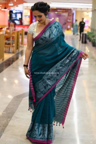 Guldasta - Dark Teal Handcrafted Cotton Banarasi Saree with Blouse
