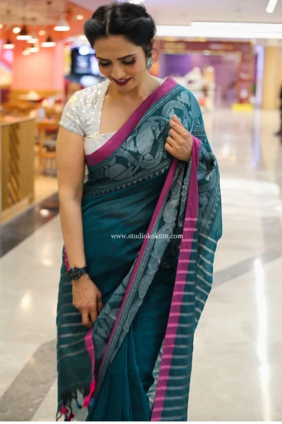 Guldasta - Dark Teal Handcrafted Cotton Banarasi Saree with Blouse
