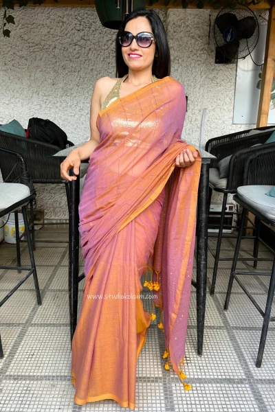 Image of Imlee: Pure Mul Cotton Saree with Sequins in Dual Tone Cinnamon Colour