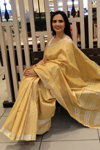 Image of Karuna - Handloom Premium Cotton Linen Saree with Silver Zari Border