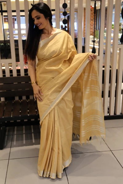 Karuna - Handloom Premium Cotton Linen Saree with Silver Zari Border