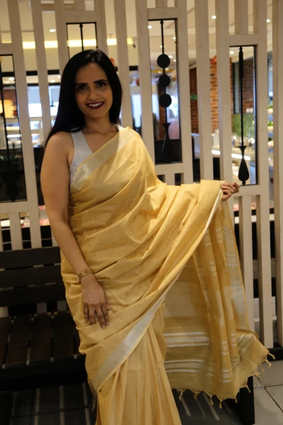 Karuna - Handloom Premium Cotton Linen Saree with Silver Zari Border