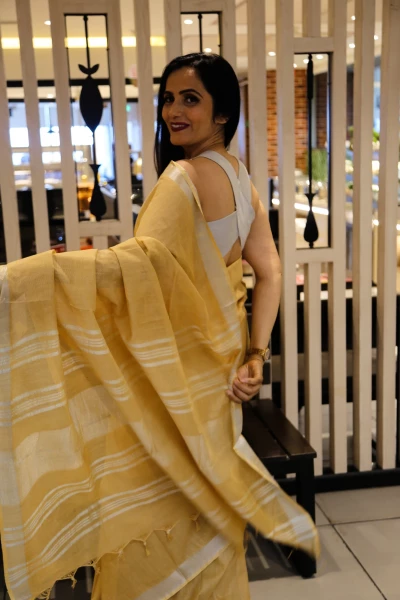 Karuna - Handloom Premium Cotton Linen Saree with Silver Zari Border