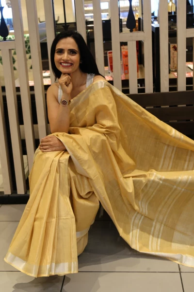 Karuna - Handloom Premium Cotton Linen Saree with Silver Zari Border