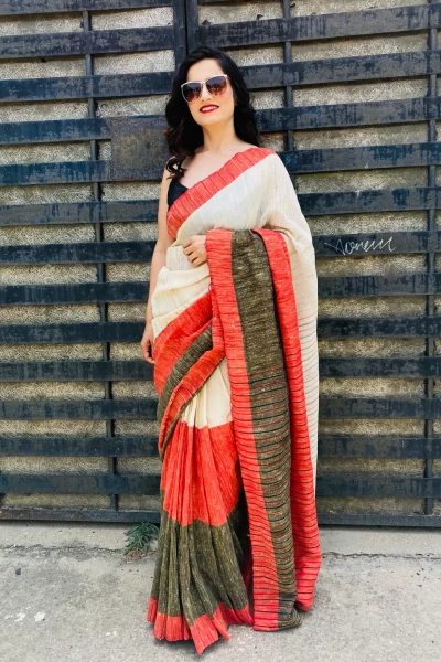 Image of Lal Kinara - Beige, Black N Red Handloom Jute Cotton Saree
