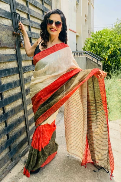 Lal Kinara - Beige, Black N Red Handloom Jute Cotton Saree